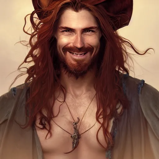 Image similar to portrait of a young ruggedly handsome but joyful pirate, male, masculine, upper body, red crimson hair, long long flowing hair, fantasy, proud grin, intricate, elegant, highly detailed, digital painting, artstation, concept art, matte, sharp focus, illustration, art by artgerm and greg rutkowski and alphonse mucha