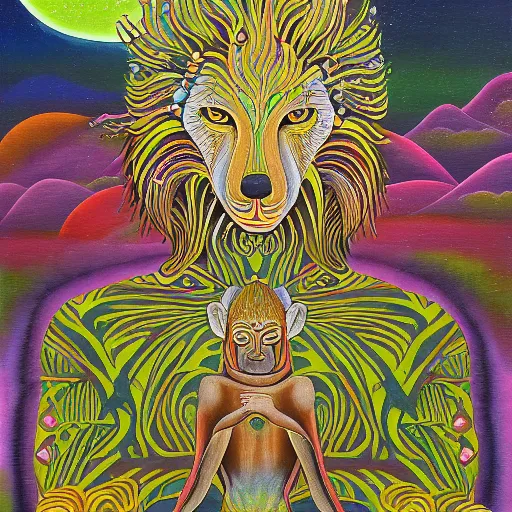 Image similar to an anthromorphic wolf man meditating in a zen garden, by amanda clark and amanda sage in a psychedelic style, oil on canvas