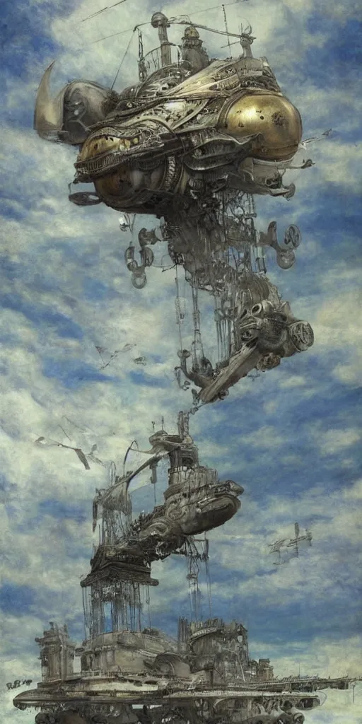 Image similar to giant floating steampunk airship, by Mikhail Vrubel, trending on artstation