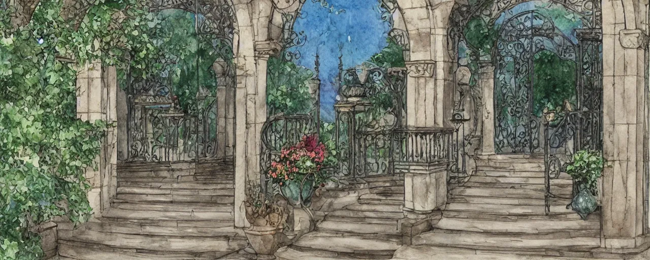 Image similar to courtyard walkway, fountain, castle, stairway, chairs, wrought iron, gate, botanic garden, botanical herbarium paper, watercolor colored painting, iridescent colors, realistic shaded, fine, artstation, italian style, colonnade ornate headdress, craving, carved, insanely detailed studio ghibli