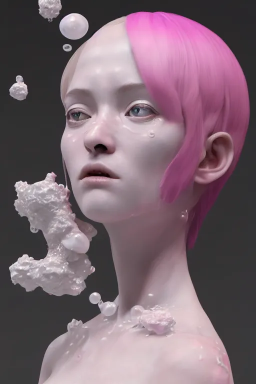 Image similar to an epic non - binary model, subject made of white cracked porcelain with oozing bubbles bursting out, delicate, beautiful, intricate, with pastel pink highlights, melting, houdini sidefx, by jeremy mann and ilya kuvshinov, jamie hewlett and ayami kojima, trending on artstation, bold 3 d