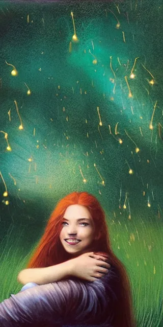 Image similar to infp young woman, smiling, amazed by golden fireflies lights, sitting in the midst of nature fully covered, long loose red hair, intricate linework, green eyes, small nose with freckles, oval shape face, realistic, expressive emotions, dramatic lights mystical scene, hyper realistic ultrafine art by artemisia gentileschi, albert bierstadt, artgerm