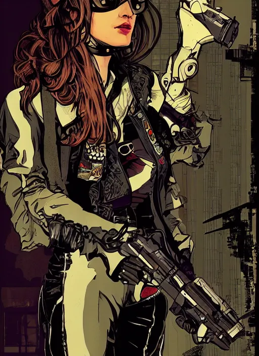 Prompt: the socialite. cyberpunk assassin. portrait by ashley wood and alphonse mucha and laurie greasley and josan gonzalez. illustration, pop art, cinematic. realistic proportions. moody industrial setting. artstationhq