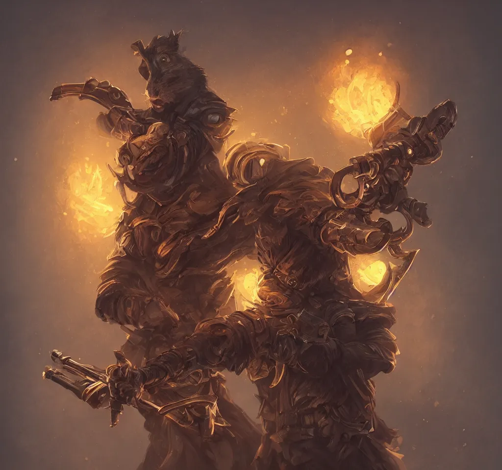 Image similar to a highly detailed illustration of a anthropomorphic rat wearing a long coat holding a wooden shotgun, glowing eyes, dramatic standingm muscular, intricate, elegant, highly detailed, centered, digital painting, artstation, concept art, smooth, sharp focus, league of legends concept art, wlop