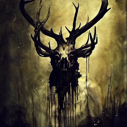 Prompt: leshen with deer skull deer antlers by emil melmoth zdzislaw belsinki craig mullins yoji shinkawa realistic render ominous detailed photo atmospheric by jeremy mann francis bacon and agnes cecile ink drips paint smears digital glitches glitchart