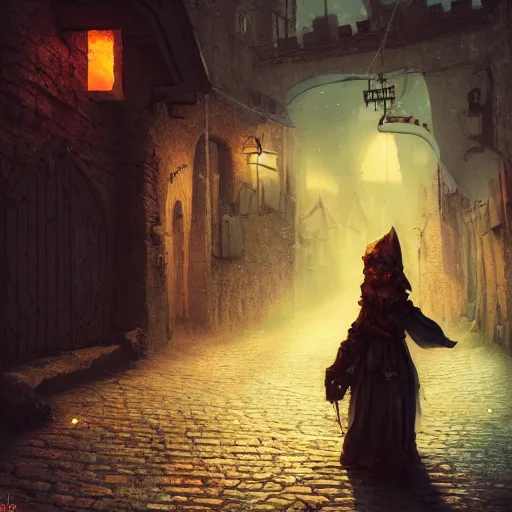 Prompt: huggy wuggy from poppy playtime video game sneaking through the streets of a medieval village at night, glowing lights, oil painting, Greg Rutkowski, Charlie Bowater, Beeple, unreal 5, DAZ, hyperrealistic, octane render, RPG portrait, dynamic lighting, fantasy art, beautiful face