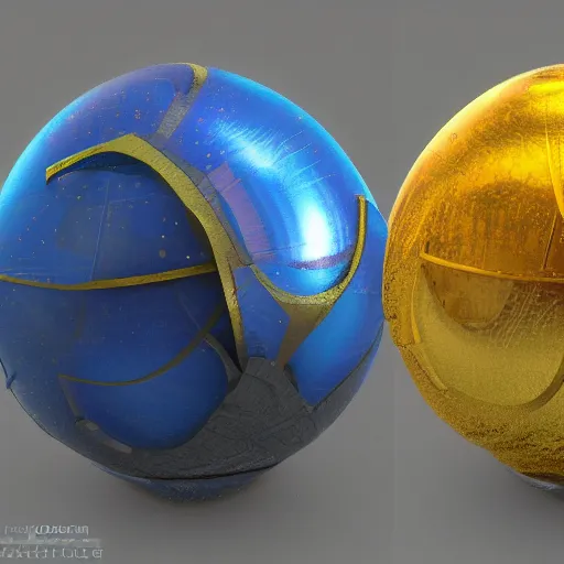 Image similar to a sphere containing a sphere which contains a city, the first sphere is translucent gold and the second sphere is translucent blue and the city is metallic silver, digital, 3D, detailed, photo realistic