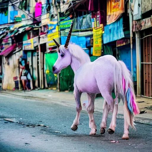 Image similar to photo of a unicorn wandering the streets of philippines, award - winning photograph, national geographic, 8 k uhd