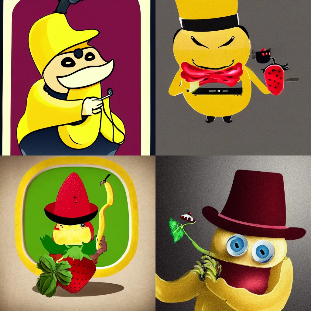 Prompt: A banana with a top hat and gun, holding a berry hostage.