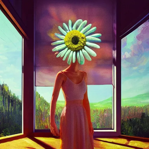 Prompt: enormous daisy flower head, woman standing next to modern window in luxury loft, surreal photography, sunlight, impressionist painting, digital painting, artstation, simon stalenhag