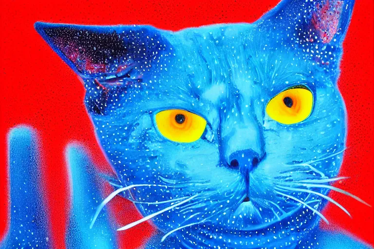 Prompt: digital fine art portrait of a blue robot cat with a red clown nose. soft ambient light. paint stippling, paint spatters, paint dribbles, paint splatters. rich vivid color, rich texture. aesthetically pleasing. dynamic, elegant, silly.