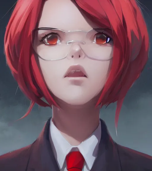 Prompt: a girl in a business, close up, sharp focus, red necktie, grey hair, serious expression, city background, digital painting, by tran ross and jordan grimmer and greg rutkowski, anime art, artstation, hd, smooth,