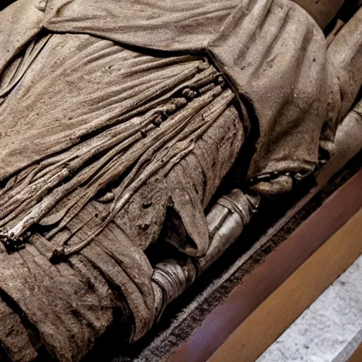 Prompt: beethoven's mummified corpse in a casket, close up shot.