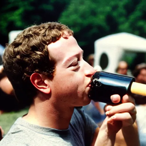 Image similar to photograph of mark zuckerberg smoking a bong at woodstock, hazy, bloodshot eyes, laughing, circa 1 9 6 9