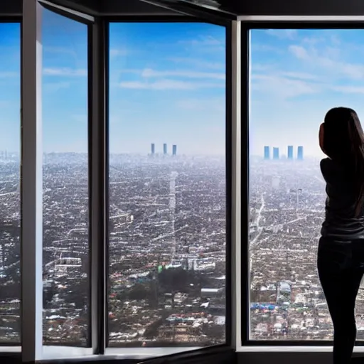 Prompt: a woman looking out her panoramic window at a futuristic cyberpunk los angeles. flying cars and vehicles