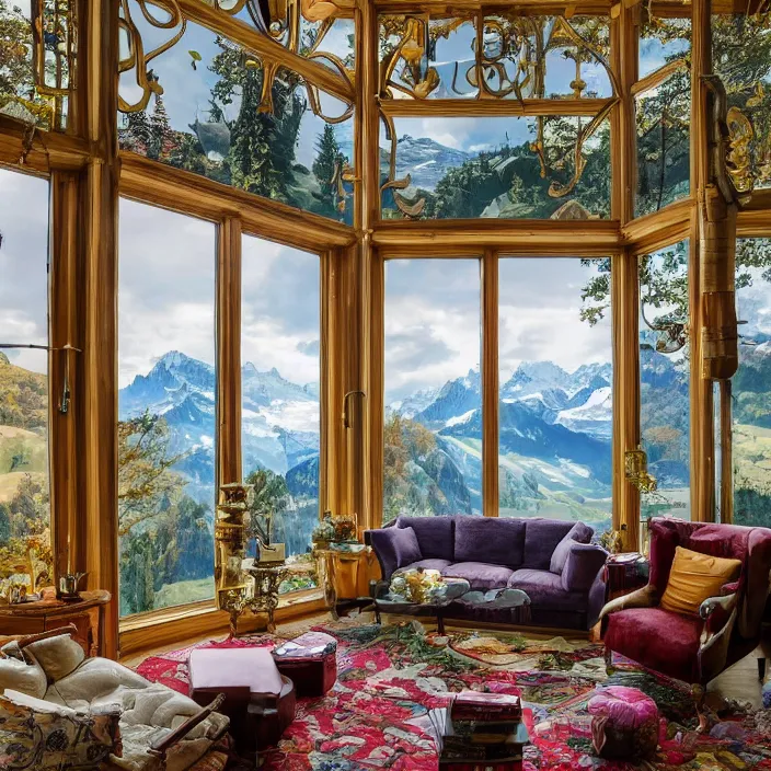 Image similar to photo of a fantastical living room with switzerland landscape in the window in the style of maximalism