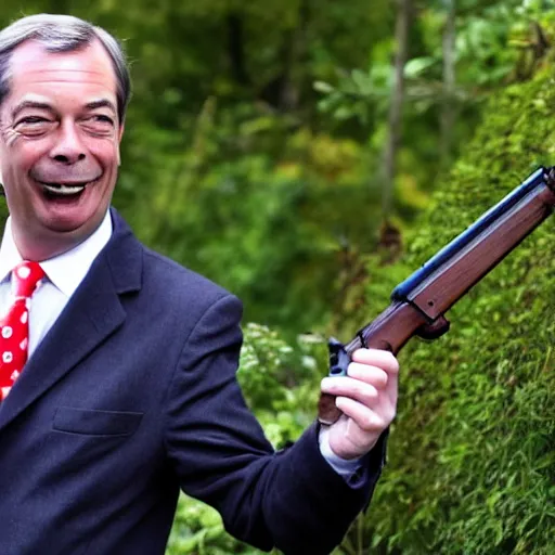 Image similar to nigel farage holding a rifle, photograph, hd