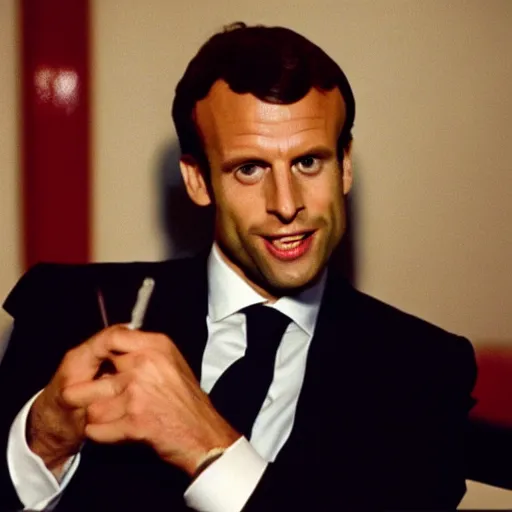 Image similar to Emmanuel Macron enjoying a big cigare, highly realistic details in American Psycho (1999)