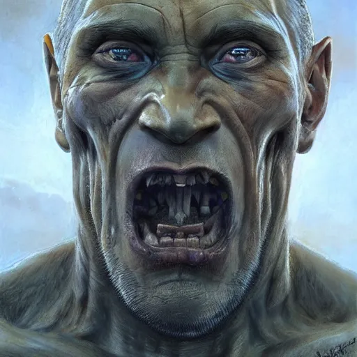 Prompt: vladimir putin, uruk - hai, macabre orc by donato giancola and greg rutkowski and wayne barlow and zdzisław beksinski, realistic face, digital art