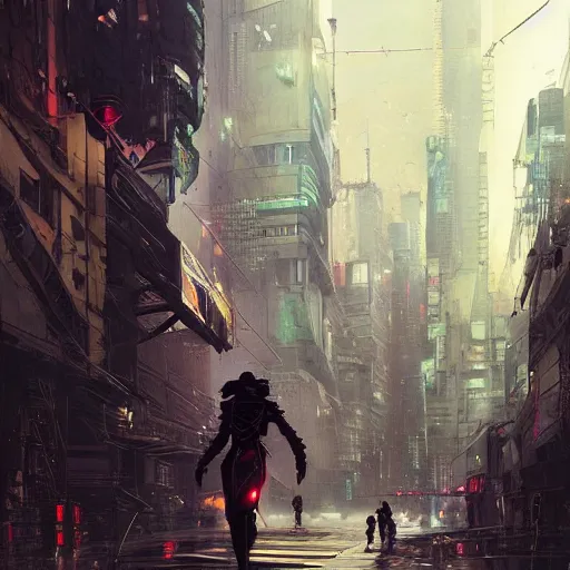 Image similar to a beautiful picture of a cyberpunk rogue walking in a crowded city by greg rutkowski and katsuhiro otomo trending on artstation