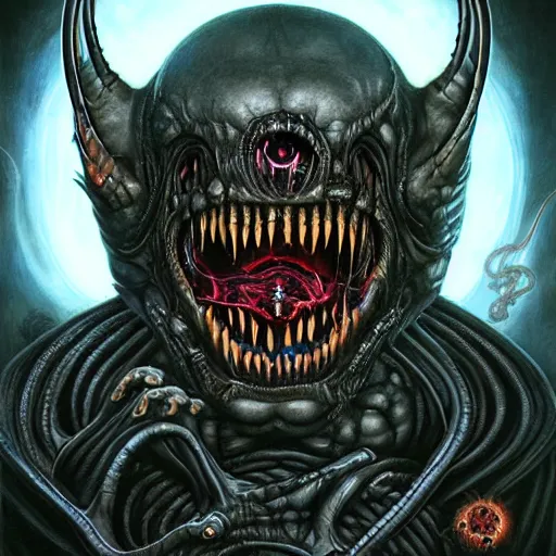 Image similar to doom giger venom demon portrait in hell, fire and flame , Pixar style, by Tristan Eaton Stanley Artgerm and Tom Bagshaw.