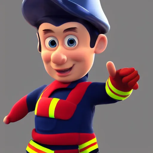 Image similar to sam from fireman sam as a real world character, octane render, volumetric light,