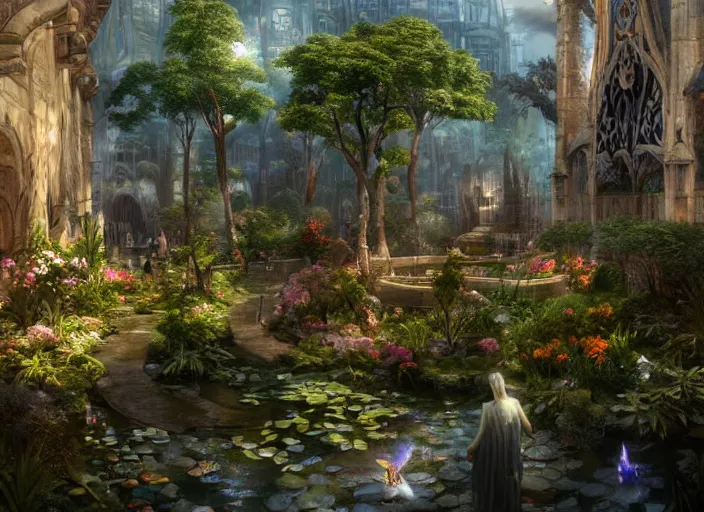 Image similar to a wide open courtyard in a beautiful elven city made of ivory and silver, vivid colors, lush trees, flowers, ponds, fountain, subsurface scattering, volumetric lighting, concept art, fantasy digital painting by James Gurney, by Greg Rutkowski, trending on Artstation, highly detailed