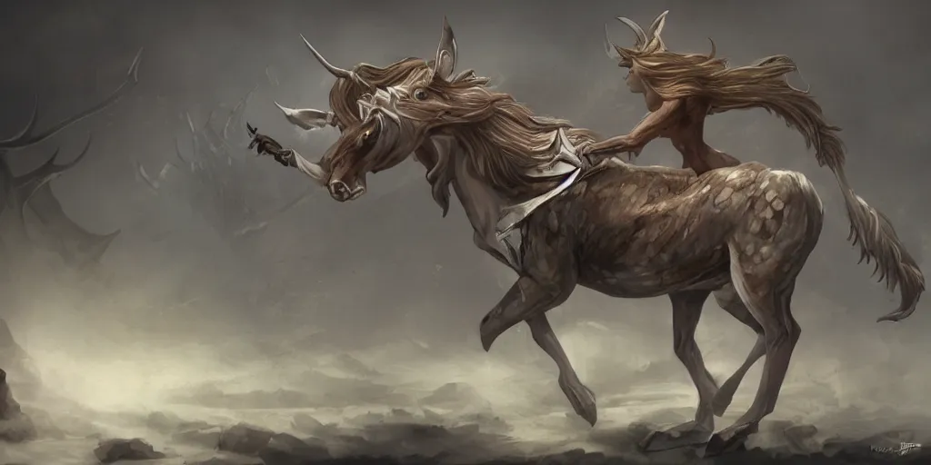 Prompt: The Elaphocentaur, deer elf hybrid, Fantasy epic painting, Keyframe Design, Freelance concept keyframe design.