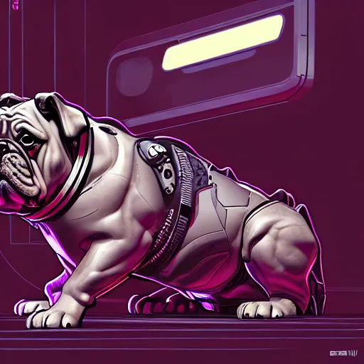 Image similar to « a comic styled cyborg bulldog sitting down, cyberpunk digital art by greg rutkowsky, illustration, sharp focus, highly detailed, future tech, sketchfab »