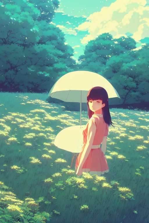 Image similar to cover of a smiling girl by ilya kuvshinov, cloudy sky background lush landscape ln illustration concept art anime key visual trending pixiv by victo ngai fanbox by greg rutkowski makoto shinkai takashi takeuchi studio ghibli