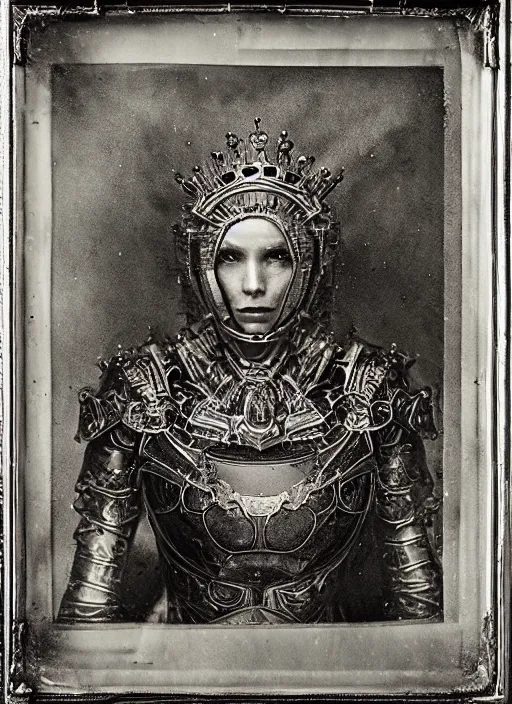 Image similar to old wetplate daguerreotype frame portrait of a futuristic silver armored pretty queen elisabeth emperor district 9 cyborg, fractal, intricate, elegant, highly detailed, subsurface scattering, by jheronimus bosch and greg rutkowski and louis jacques mande daguerre