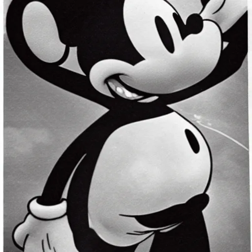 Prompt: photo of mickey mouse with blood all over him, black and white photo