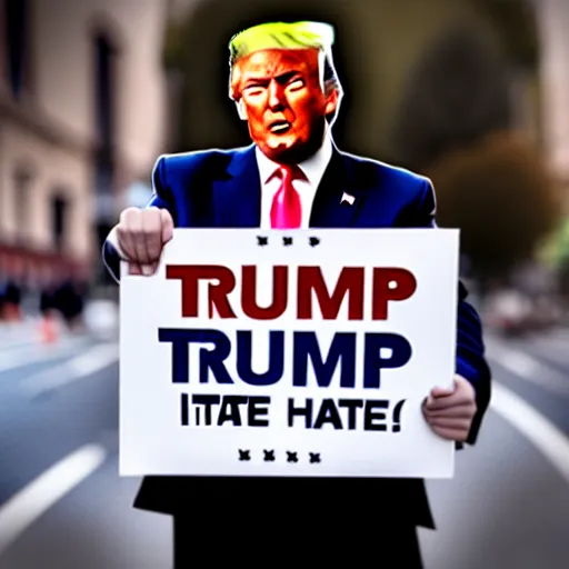 Image similar to a photo of Donald Trump holding a sign saying 'I hate signs !', desaturated photo, cinematic