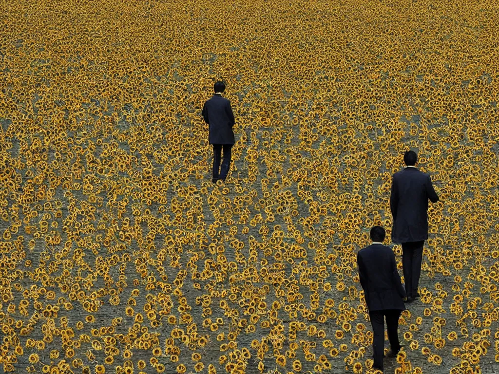 Prompt: ' the center of the world'( ai weiwei huge field of sunflower seeds stretching into the distance ) was filmed in beijing in april 2 0 1 3 depicting a white collar office worker. a man in his early thirties - the first single - child - generation in china. representing a new image of an idealized urban successful booming china.
