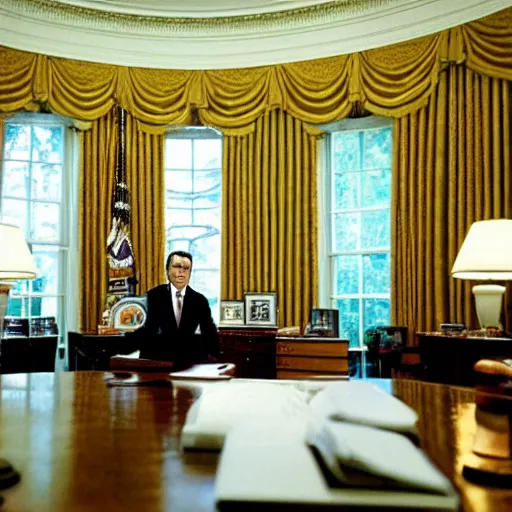 Prompt: President Nixon working late in the Oval Office. White House photo. Dramatic lighting, color.