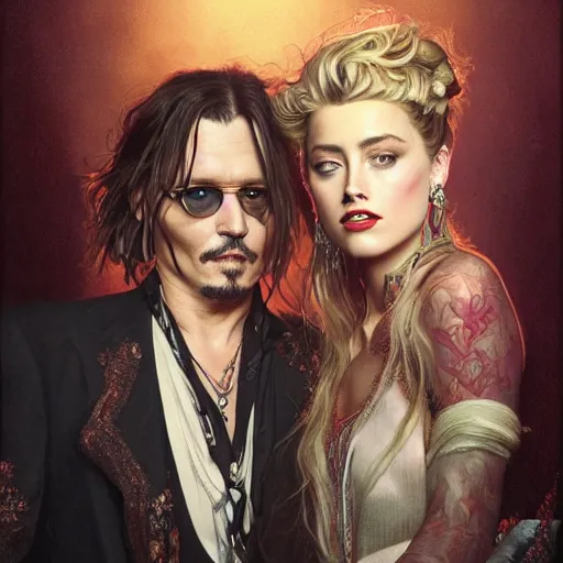 Image similar to johnny depp and amber heard on the style and color pallete of fleetwood mac's album rumours, intricate, elegant, highly detailed, digital painting, artstation, smooth, sharp focus, illustration, art by artgerm and greg rutkowski and alphonse mucha, cinematic