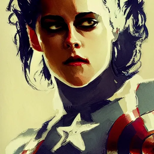 Prompt: kristen stewart as captain america, intricate, elegant, highly detailed, greg manchess, mucha, liepke, ruan jia, jeffrey catherine jones, ridley scott