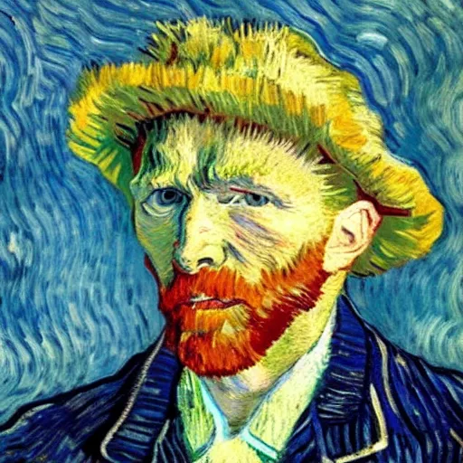 Prompt: An impressionist painting of Van Gogh smiling, sitting at a lighted table wearing a baseball hat looking very chill in the style of Van Gogh