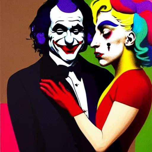 Image similar to ilya yefimovich repin and mimmo rottela and banksy as joaquin phoenix skinny joker, holding lady gaga harley queen hand, ultra photorealistic, intricate details, pop art style, concept art, confident posse, justify content center, 2 colours, warm color, 4 k, 4 d, ultra smooth, sharp focus,