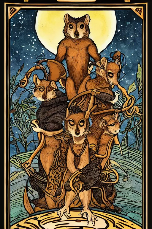 Prompt: tarot card illustration of the card three of weasels, framed in an elaborate line border, tarot card, detailed illustration, weasels, furry art, artstation, 4 k