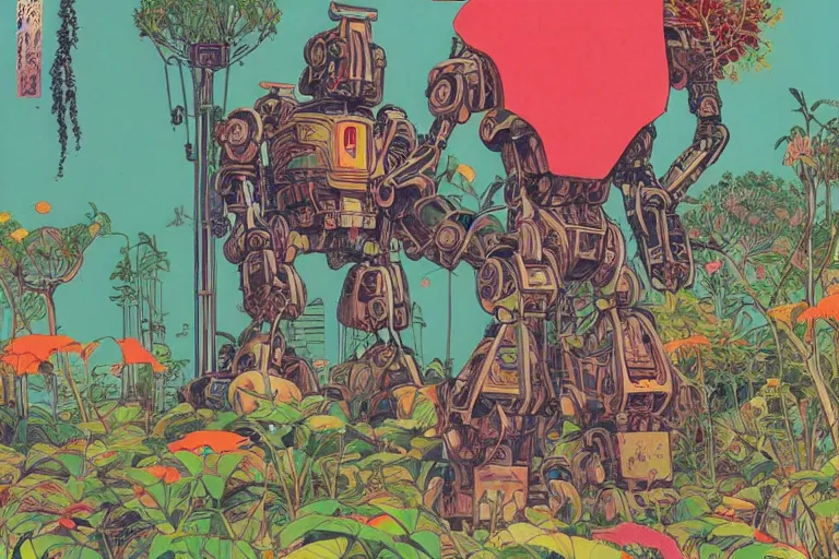 Image similar to gigantic man head, a lot of exotic vegetation around, trees, tremendous mecha robot, flowers, risograph!, oldschool vintage sci - fi flat surreal design, super - detailed, painting by moebius and satoshi kon and jodorwski