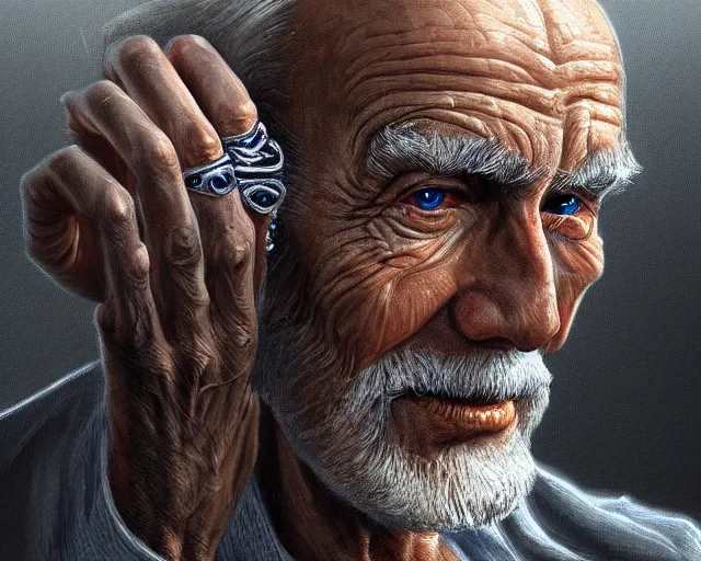 Prompt: old man 1 1 1 1 with rings on all his fingers deep focus d d fantasy intricate elegant highly detailed digital painting artstation