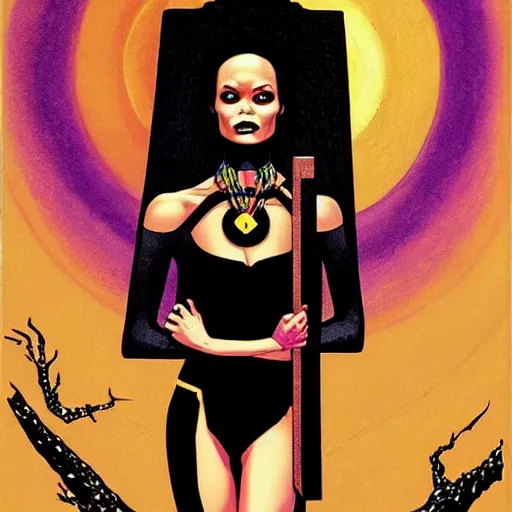 Image similar to thandiwe newton as the comic book character, death, a young and beautiful pale goth girl wearing a black vest and black punk hair, an ankh medallion hangs around her neck. dramatic makeup, the actress thandiwe newton, comic art portrait by joshua middleton and coles phillips, kandinsky,