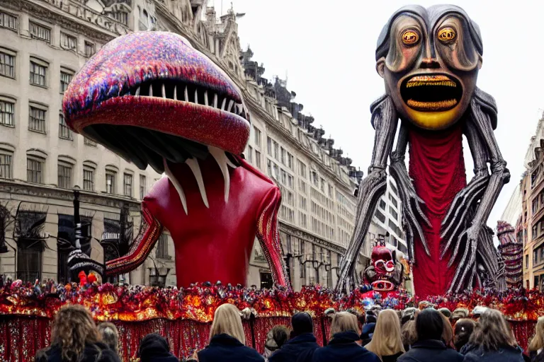 Image similar to photo of giant beautiful elaborate parade float character designed by giger and wes anderson!!!!!!!!!!!!!!, in the macys parade, detailed 4 k photo,