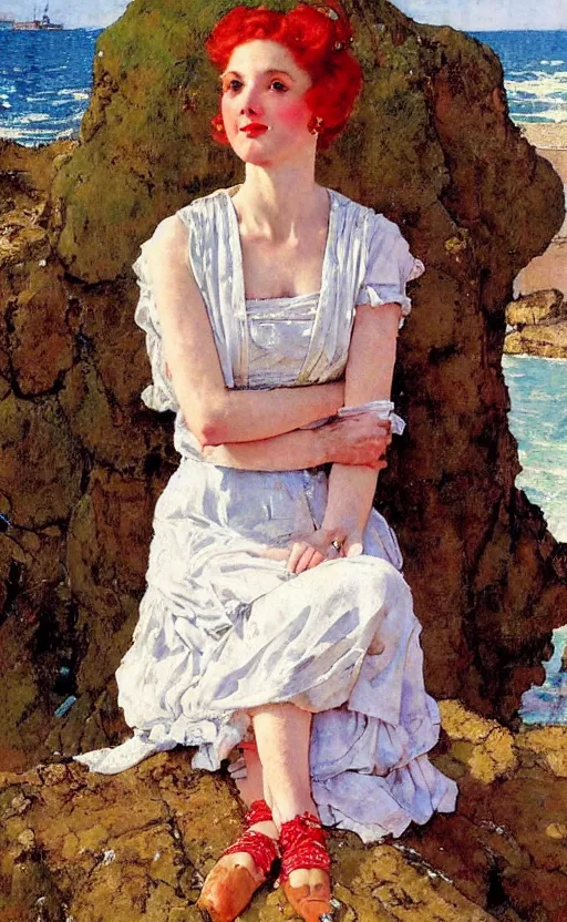 Prompt: portrait of a lady! with red hair! by norman rockwell!! mediterranean sea in the background!! beautiful!