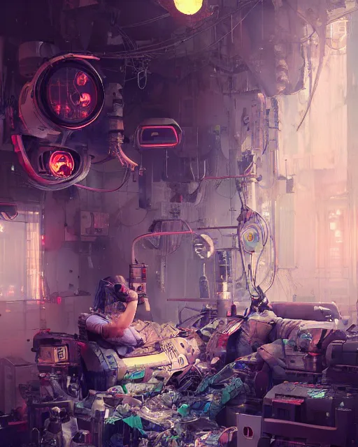 Image similar to neon medical machinery cyberpunk futuristic, reflective engine, decorated with traditional ornaments in a white room with piles of garbage by ismail inceoglu dragan bibin hans thoma, perfect face, fine details, realistic shaded, fine - face, pretty face