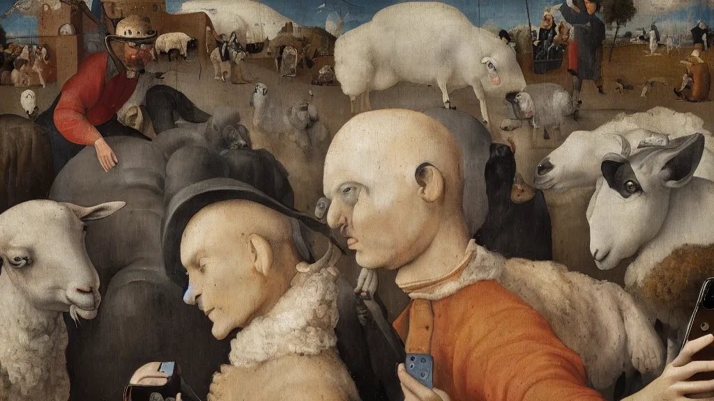 Image similar to A butcher and sheep taking a selfie smiling, in the fashion of Hieronymus Bosch, oil on canvas, painting, 4k, wide shot