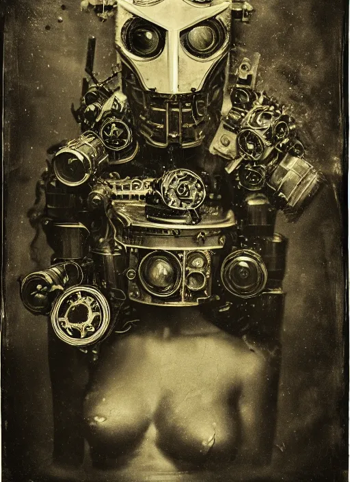 Prompt: old wetplate daguerreotype portrait of the birth of a super masked villain cyborg, explosion of data fragments, fractal, intricate, elegant, highly detailed, parallax, leica, medium format, subsurface scattering, by jheronimus bosch and greg rutkowski and louis jacques mande daguerre