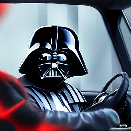 Image similar to Darth Vader driving to work, photo realistic, award-winning, highly-detailed