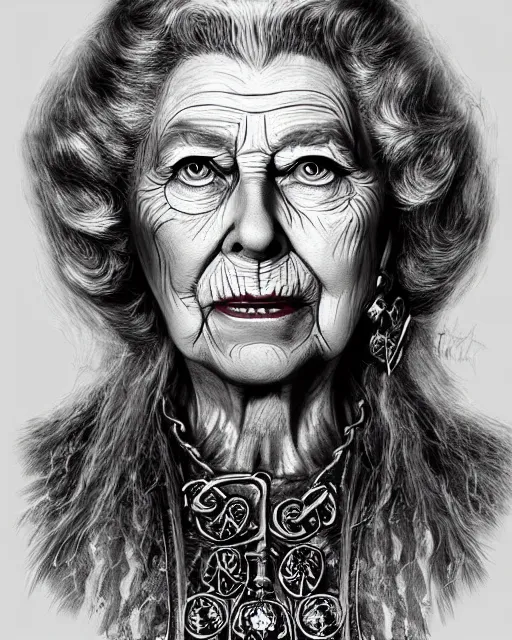 Prompt: Queen Elisabeth II as a hag witch, highly detailed face, realistic face, beautiful detailed eyes, fantasy art, illustration, epic, fantasy, intricate, hyper detailed, artstation, concept art, smooth, sharp focus, by jerad s marantz